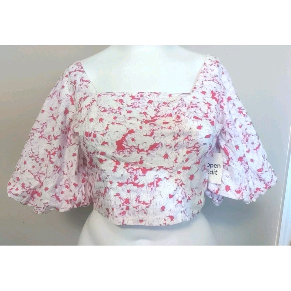 Open Edit Pink White Lavender Crop Linen Blend Puff Sleeve Flirty Top Size L